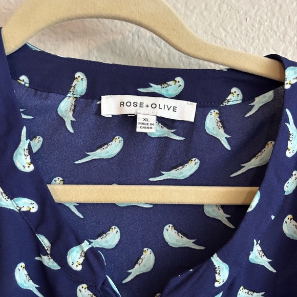 Rose & Olive Navy Blouse with Bird Pattern XL Tie Neck - Picture 3 of 3